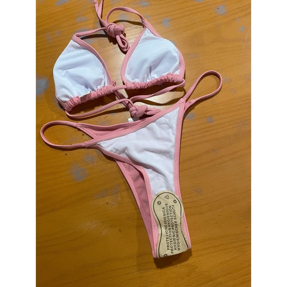 NEW Lilosy Pink Triangle Thong Tie Bikini Set Sexy Mesh Sheer Cover Up Lace Up S - Picture 4 of 12